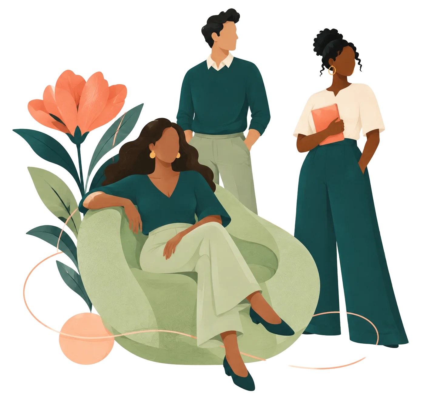 Three people together in a calm, colorful space